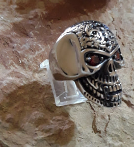 Stainless Steel *Skull with Red and Black Synthetic Stones* Ring