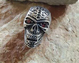 Stainless Steel *Skull with Red and Black Synthetic Stones* Ring